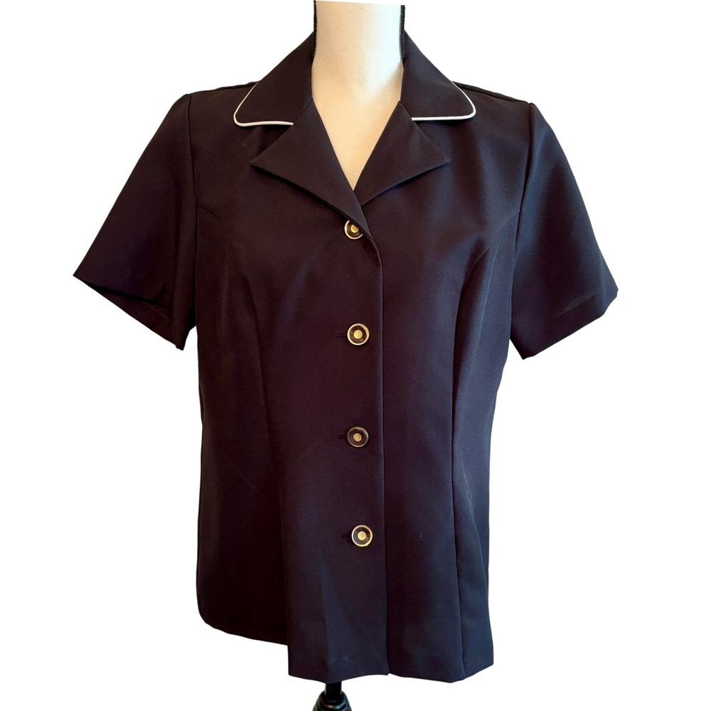Cute 80s Black with White Piping Detail Short Sleeve Button Blouse 12 Medium M‎